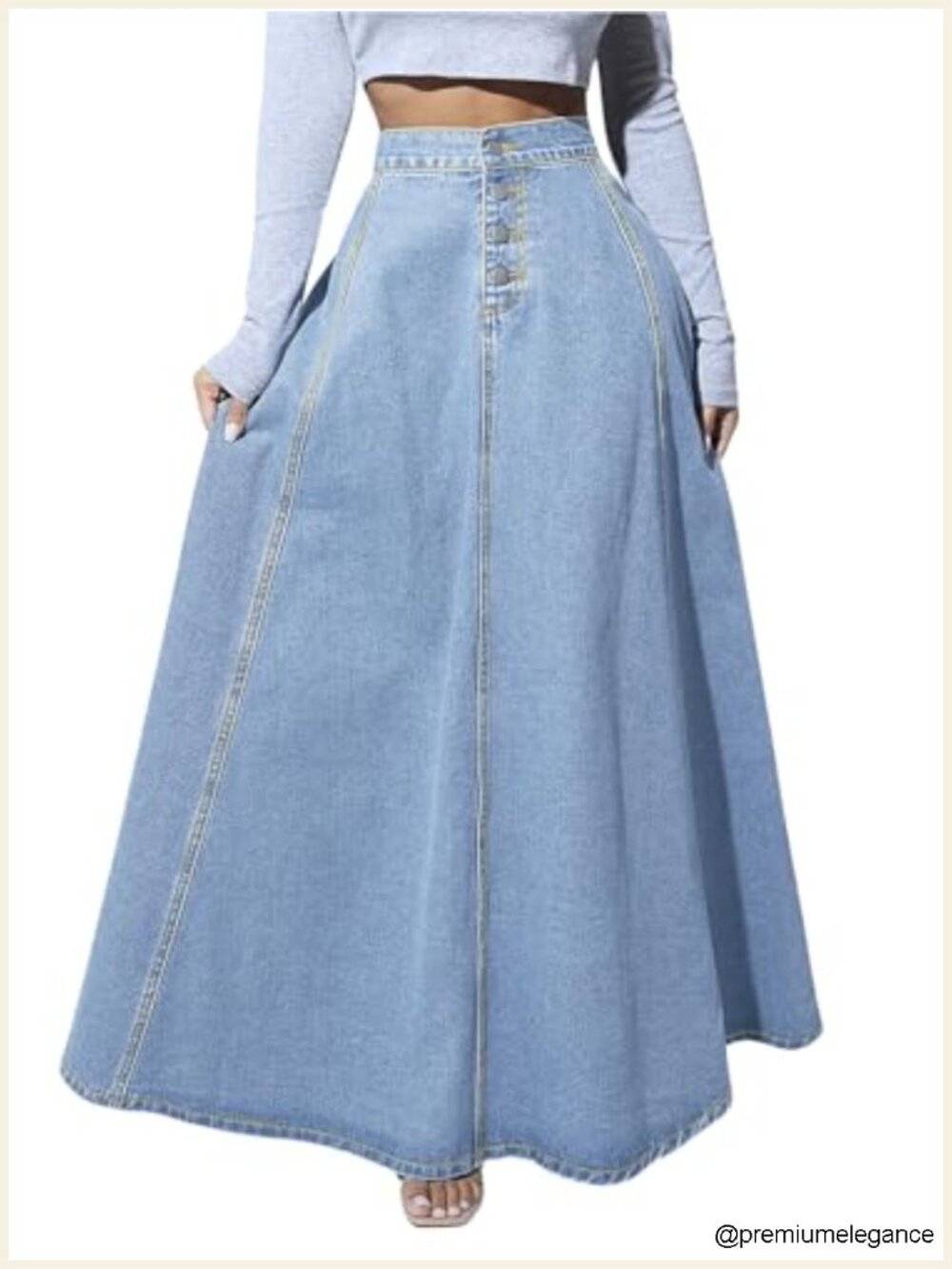 High Waisted Flared Maxi Denim Skirt Pleated A-Line Swing